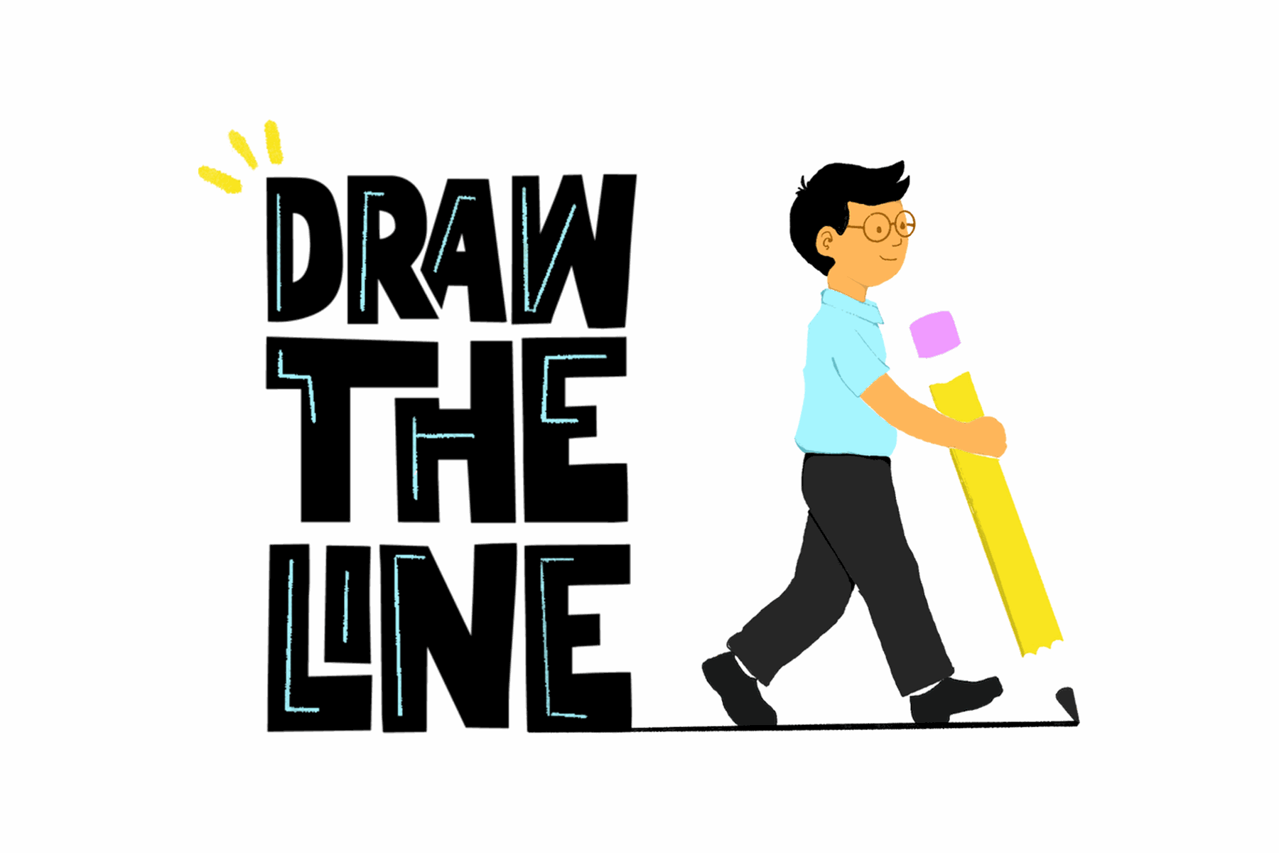 The Draw the Line. logo: the words drawn in hand-lettered capitals beside a student carrying an oversized pencil