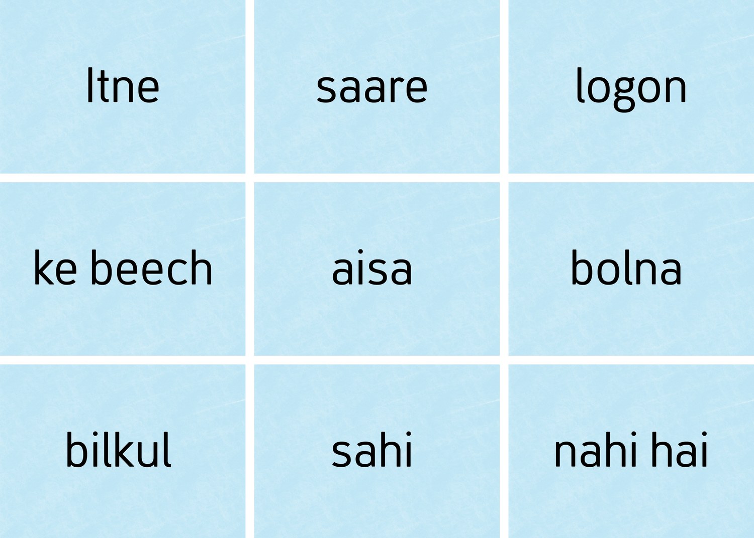 The nine word cards from one round&rsquo;s packet, laid out in the order that solves the sentence