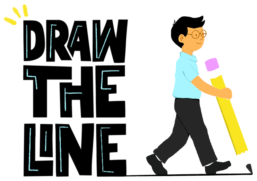 The Draw the Line logo: stacked hand-lettering beside a child walking with an oversized pencil, drawing a line behind them