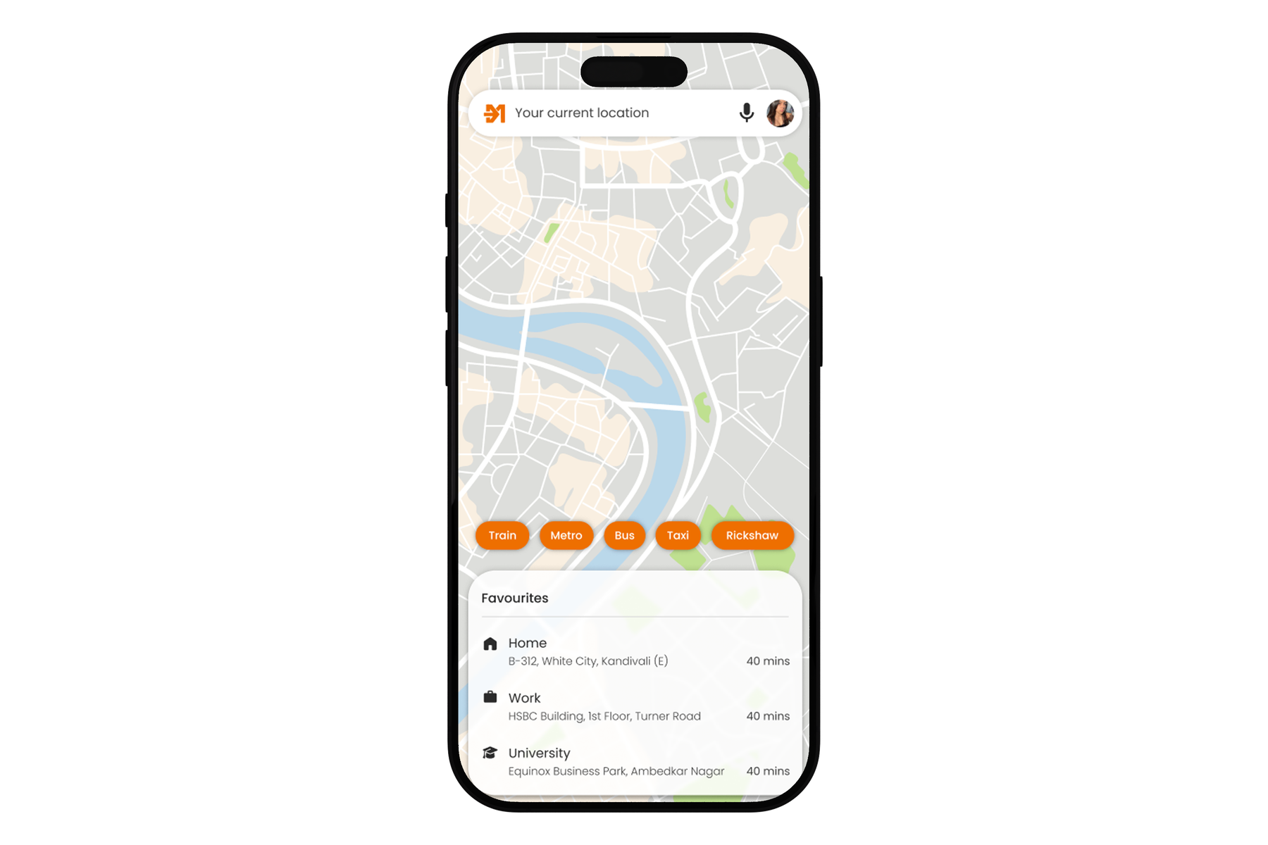 The Mumbai Ek home screen on an iPhone: a map of the city under a Your current location search bar, with mode chips for Train, Metro, Bus, Taxi and Rickshaw above a Favourites list