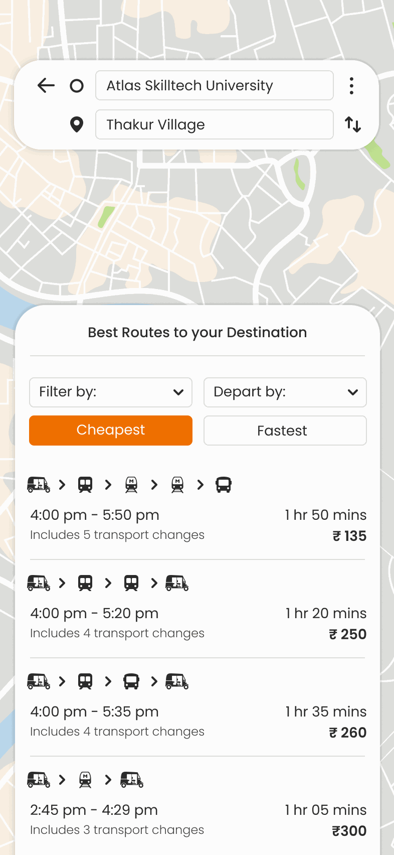 Route results filtered by Cheapest: each option lists departure and arrival times, total duration, the number of changes and the fare