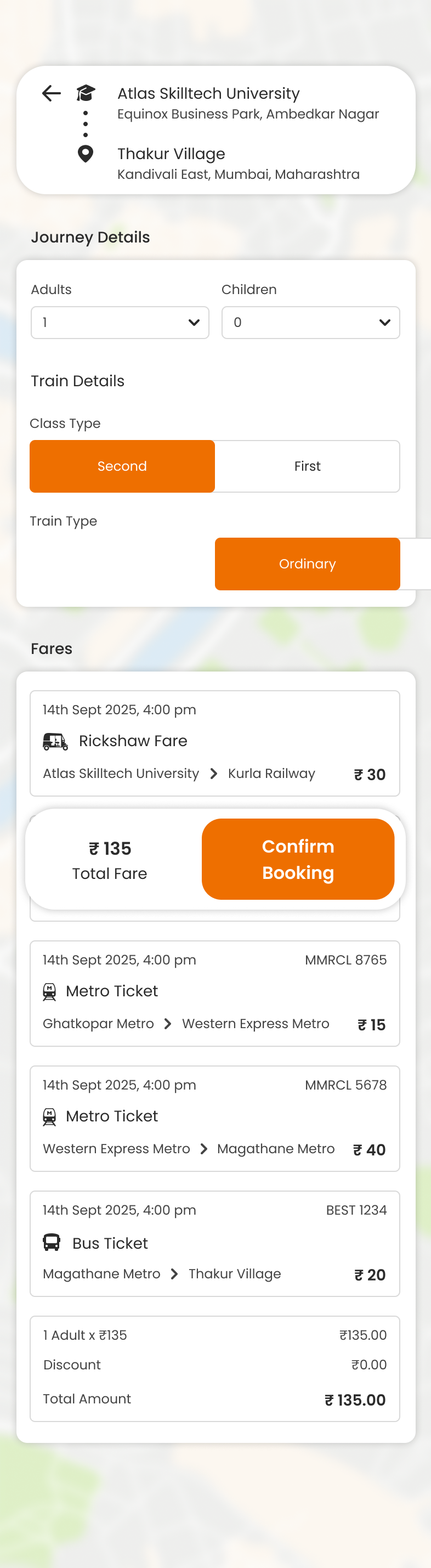 Journey details: passenger counts, train class and type, then the fare broken down per leg above Confirm Booking