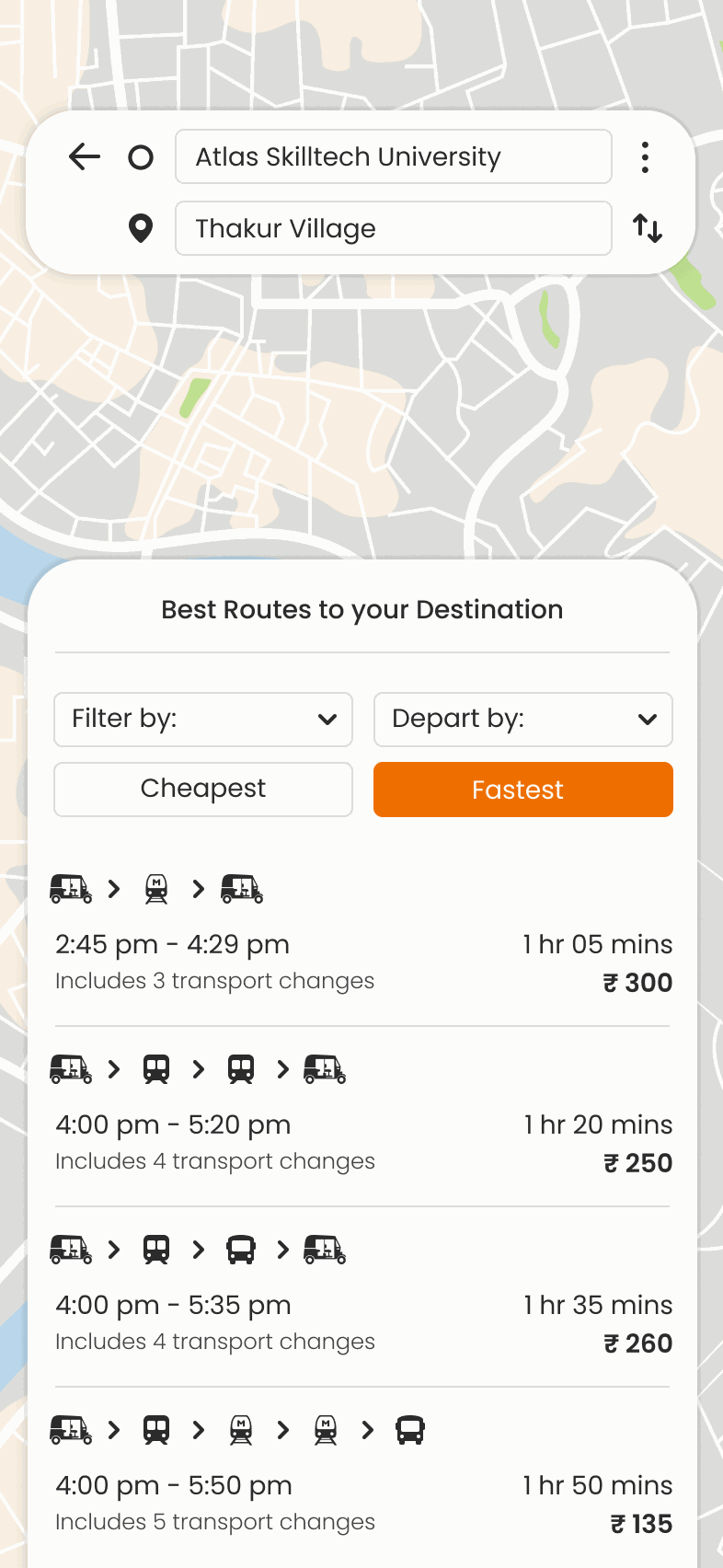 The same route results filtered by Fastest, reordering the options and their fares
