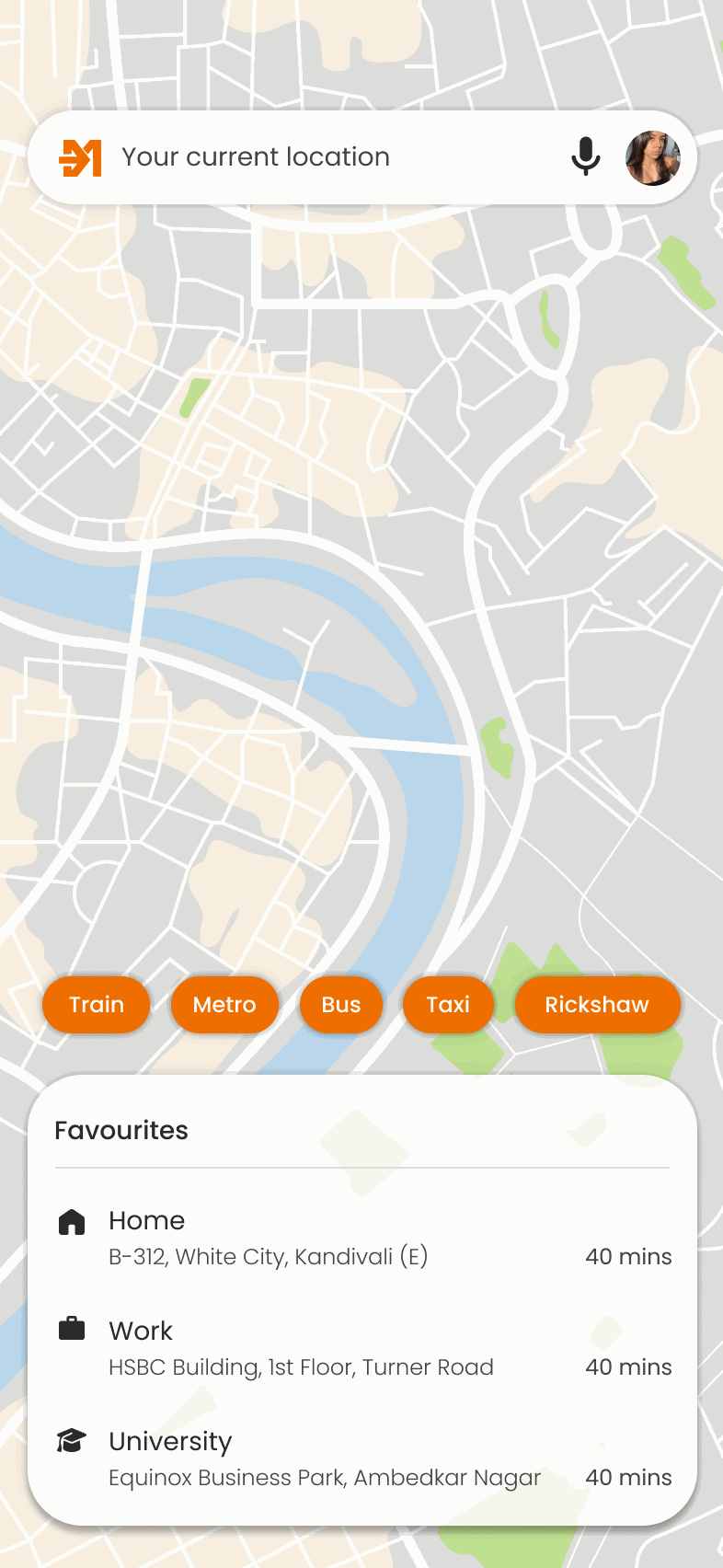 The home screen: a map of the city with a search field, mode chips for Train, Metro, Bus, Taxi and Rickshaw, and a Favourites list of saved addresses