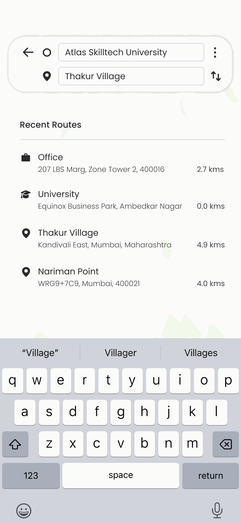 The destination search: origin and destination fields above a list of recent routes, with the keyboard open