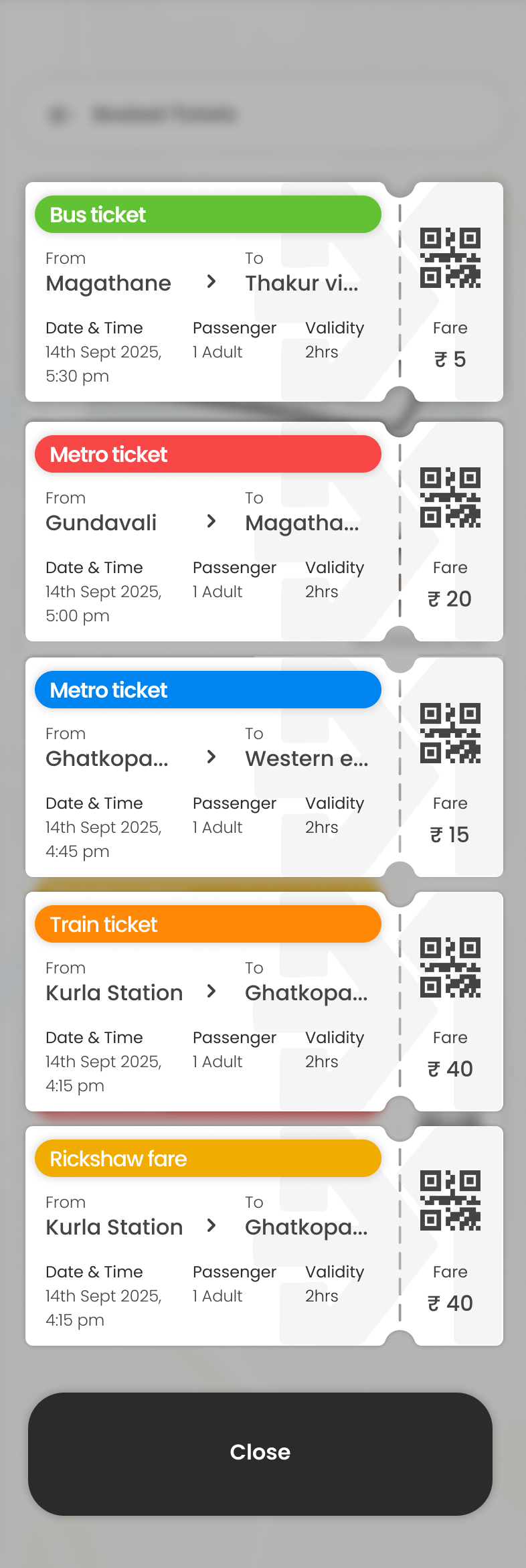 Booked tickets: bus, metro, train and rickshaw stacked as tear-off stubs, each with its own QR, route, time, validity and fare