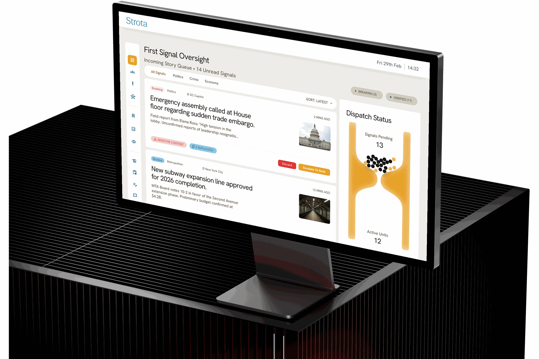 The Strota first-signal oversight screen shown on a desktop display: the incoming story queue on the left, dispatch status on the right