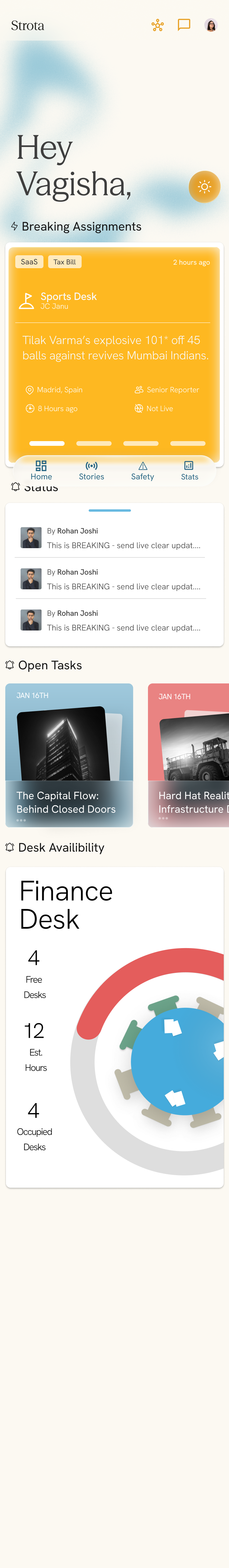 Strota home dashboard with breaking assignments