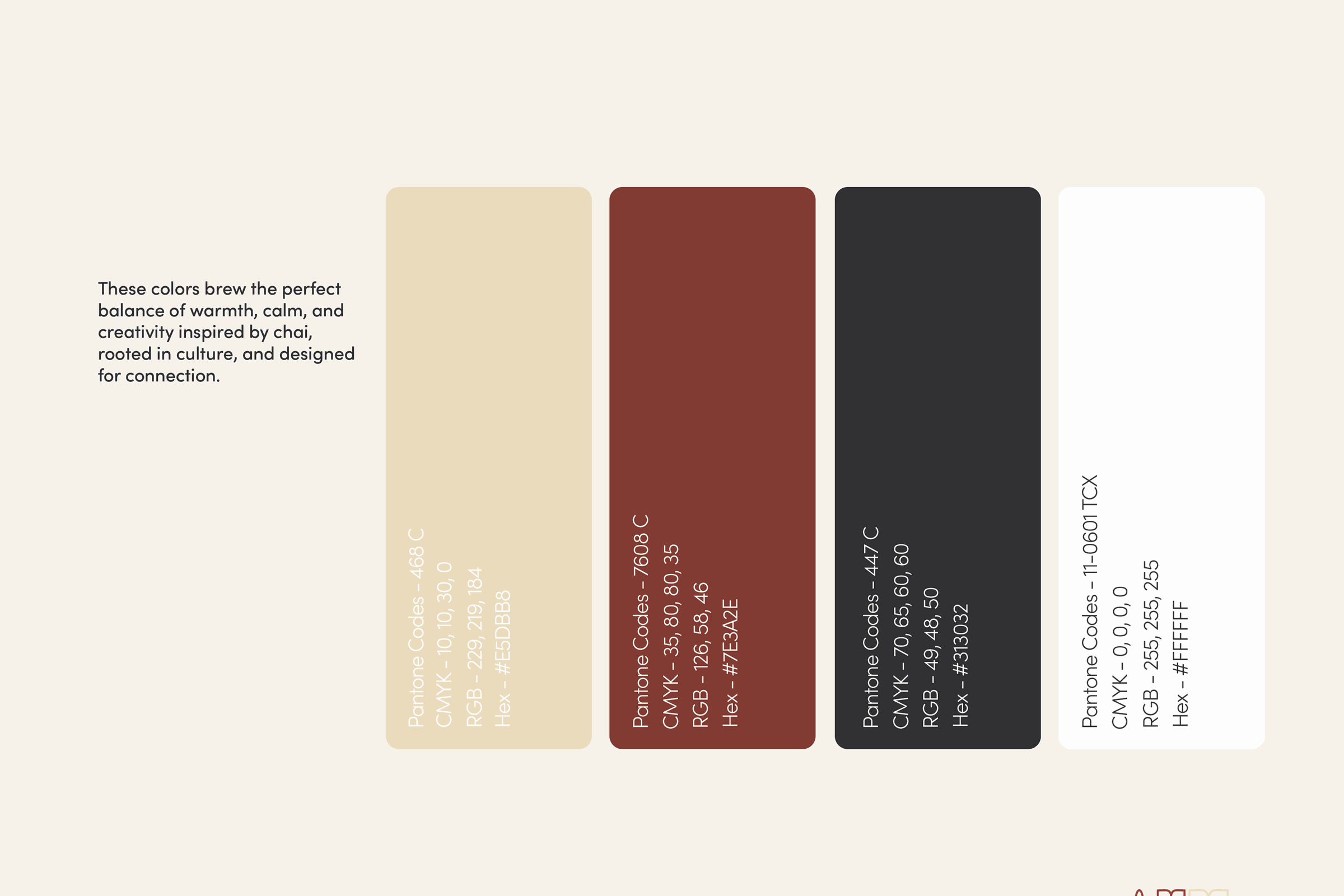 The full palette: terracotta with a sand, a deep maroon, a near-black and a white, each with its Pantone and hex