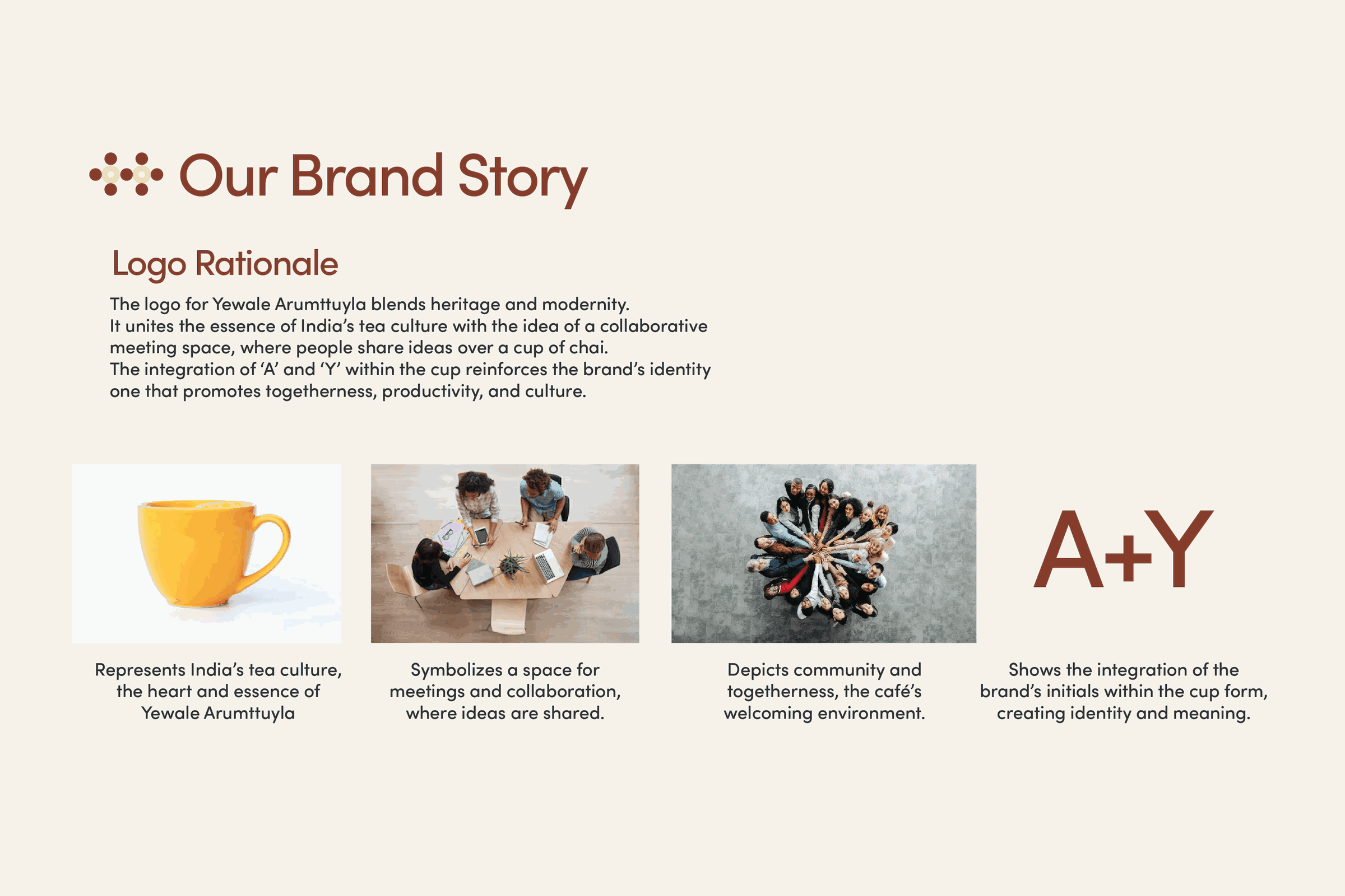 The brand story page: the logo rationale set beside a cup of chai, people sharing a table and a group in conversation, ending on the A plus Y construction