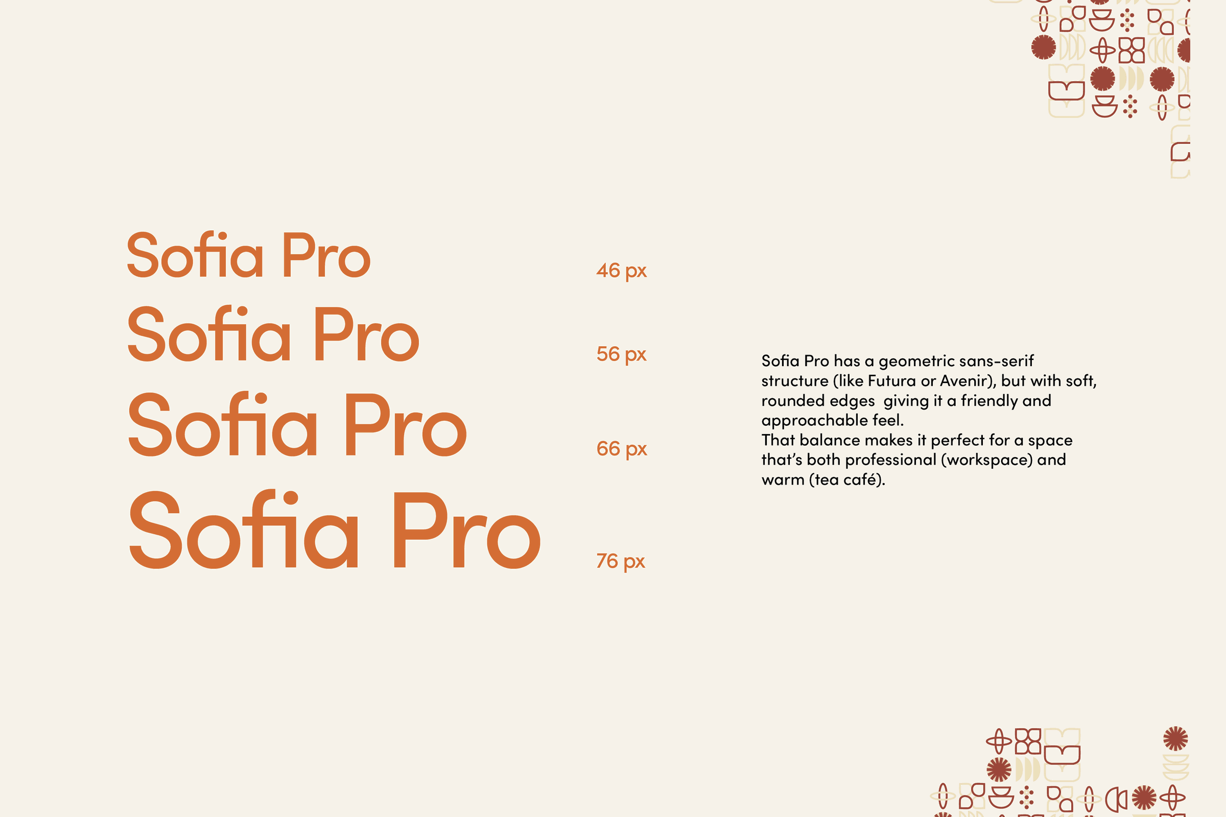 The type scale: Sofia Pro at 46, 56, 66 and 76 pixels beside the note on why a geometric sans with rounded edges suits the brand