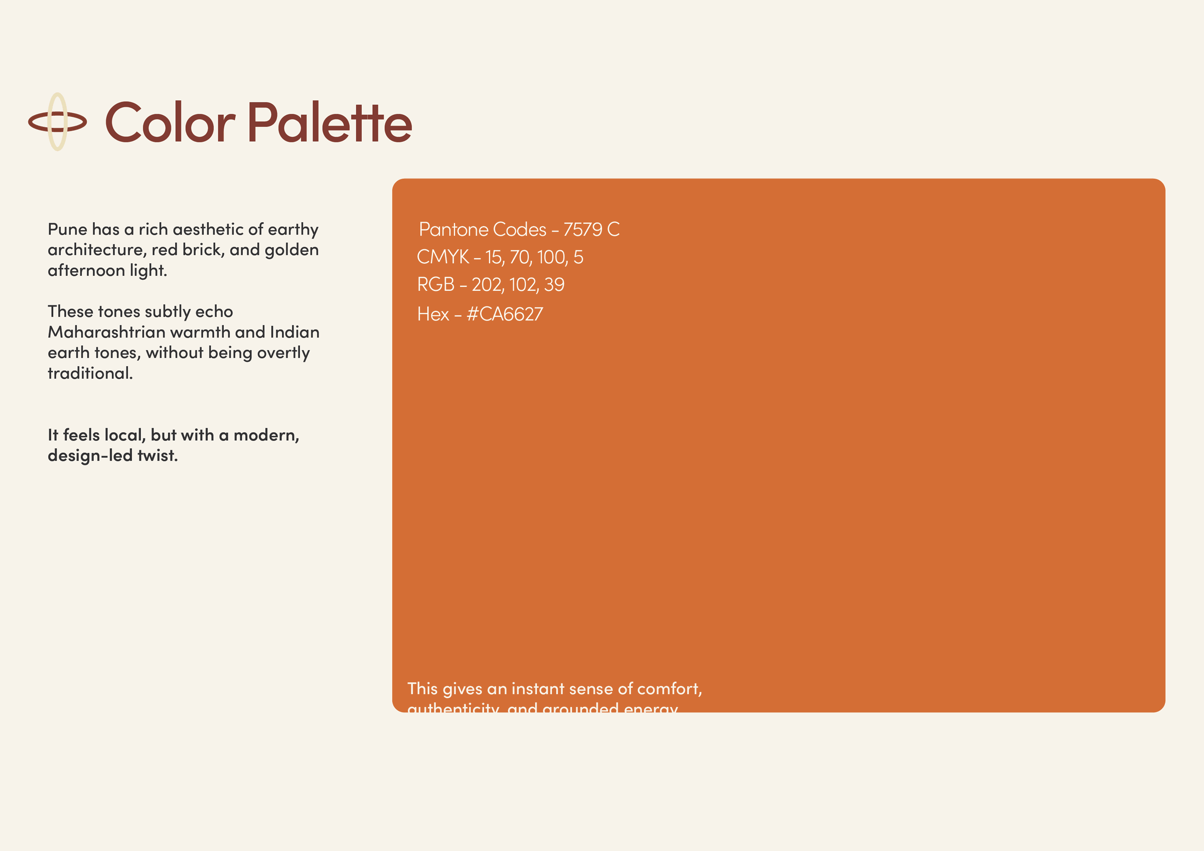 The primary colour page: a terracotta field with Pantone 7579 C, its CMYK, RGB and hex values, and the reasoning behind the choice