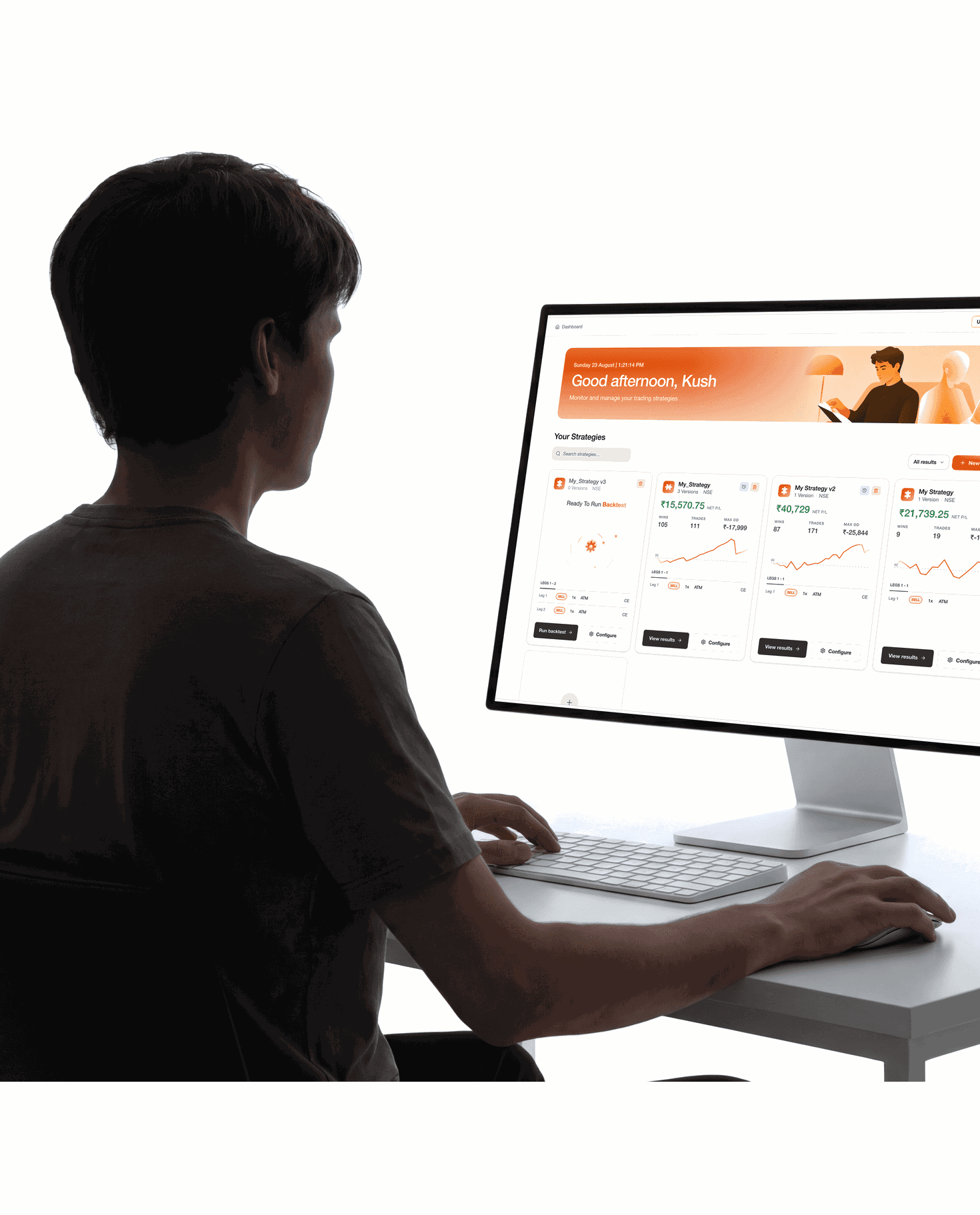 The Zenxo dashboard open on a desktop, seen over the shoulder of the trader using it